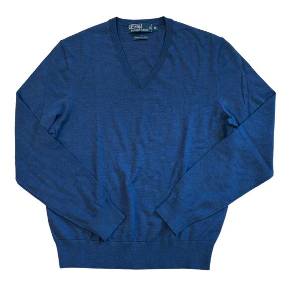 Vtg Polo Ralph Lauren Sweater Mens Med Blue V Neck Merino Wool Long Sleeve *FLAW - Picture 1 of 10